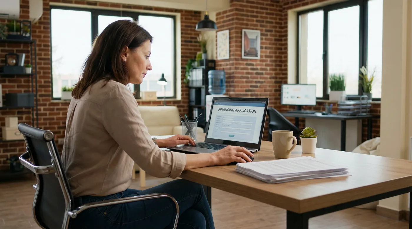 A business owner completing a financing application at her desk
