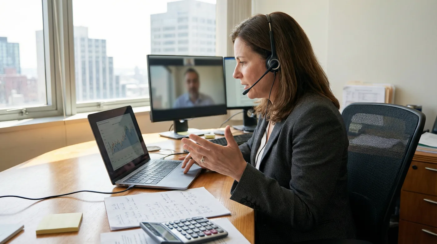 A specialist walking a client through options on a call