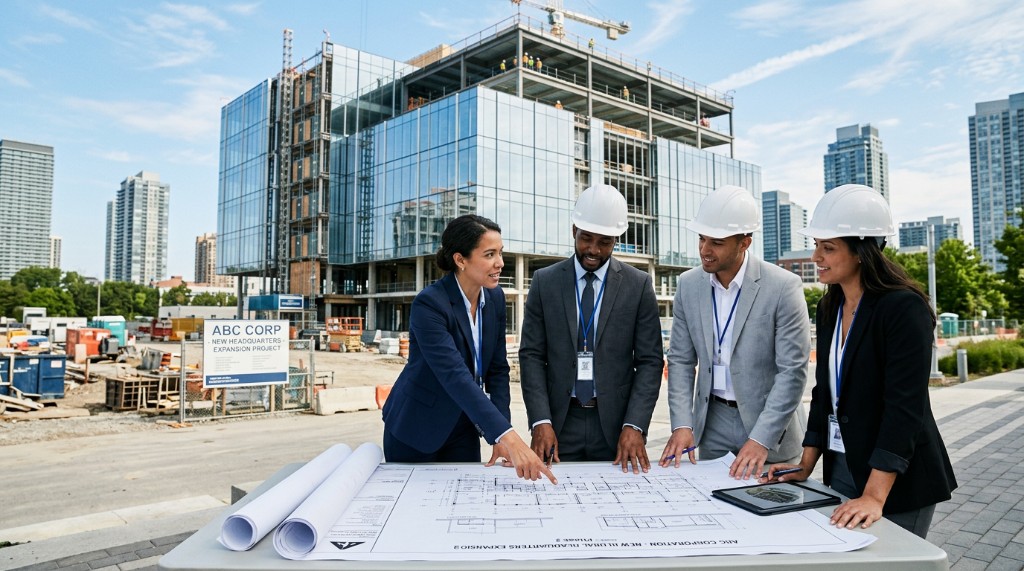 Construction professionals reviewing blueprints at development project
