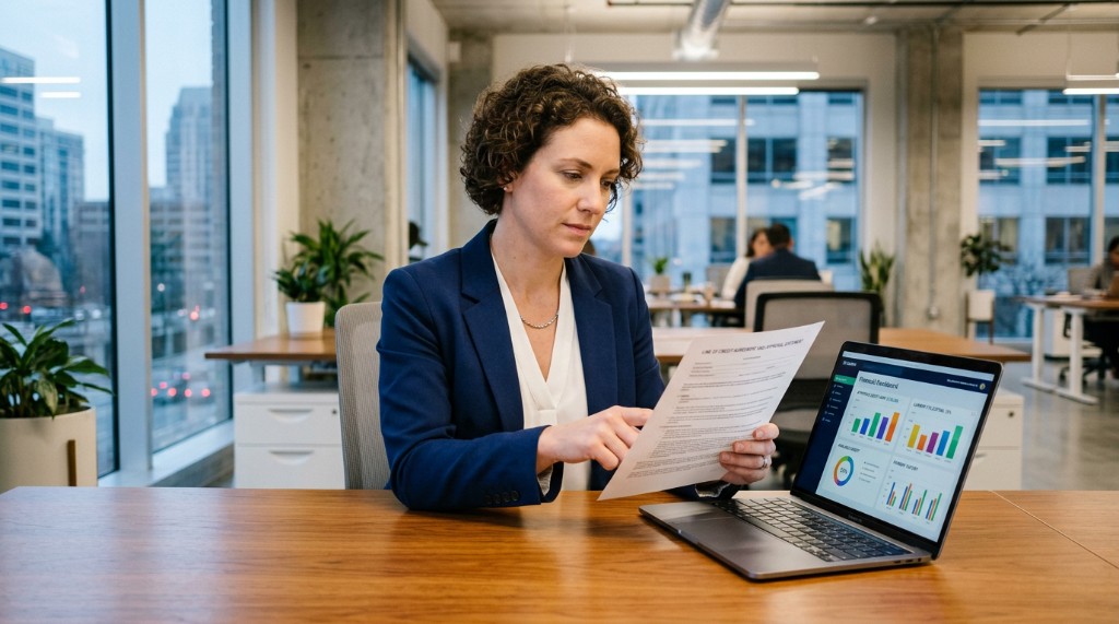 Business professional reviewing line of credit agreement and approval