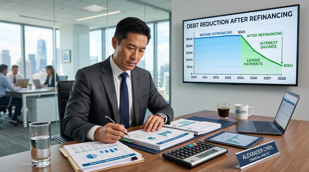 Financial analyst reviewing debt reduction after refinancing