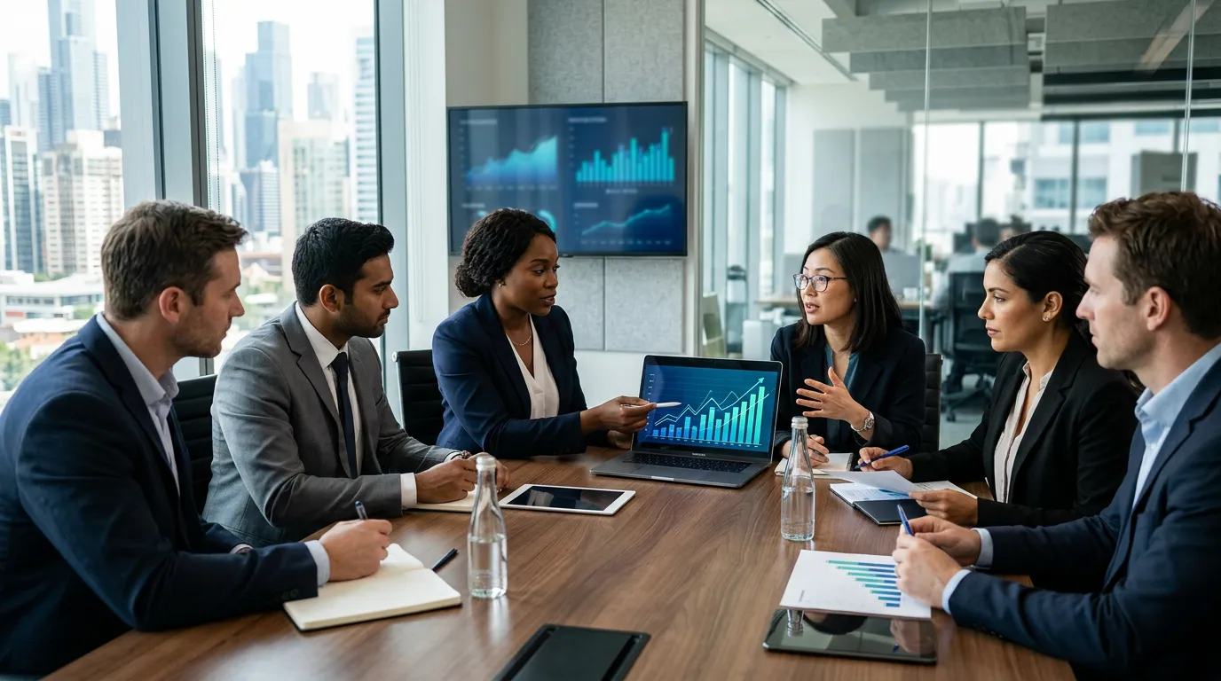 Leadership team reviewing business growth strategy and metrics