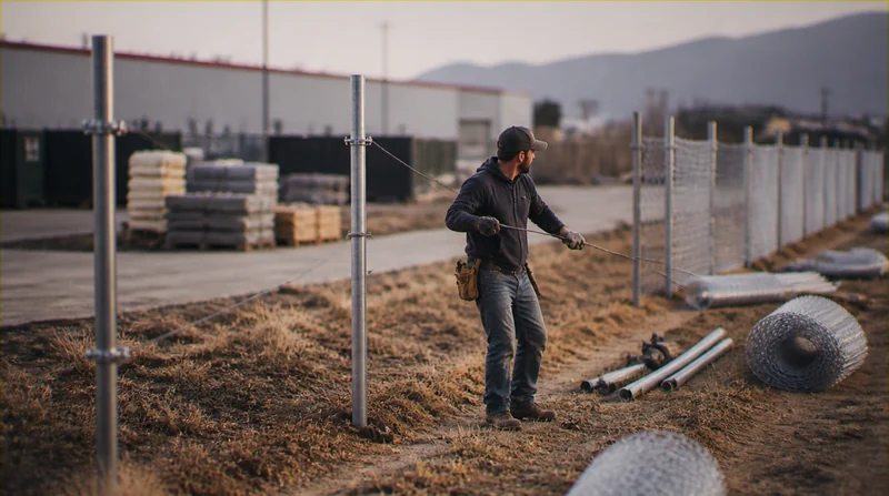 Chain-link fence being installed around a commercial yard