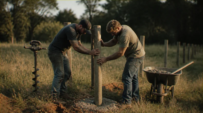 Installers setting a wooden fence post in concrete