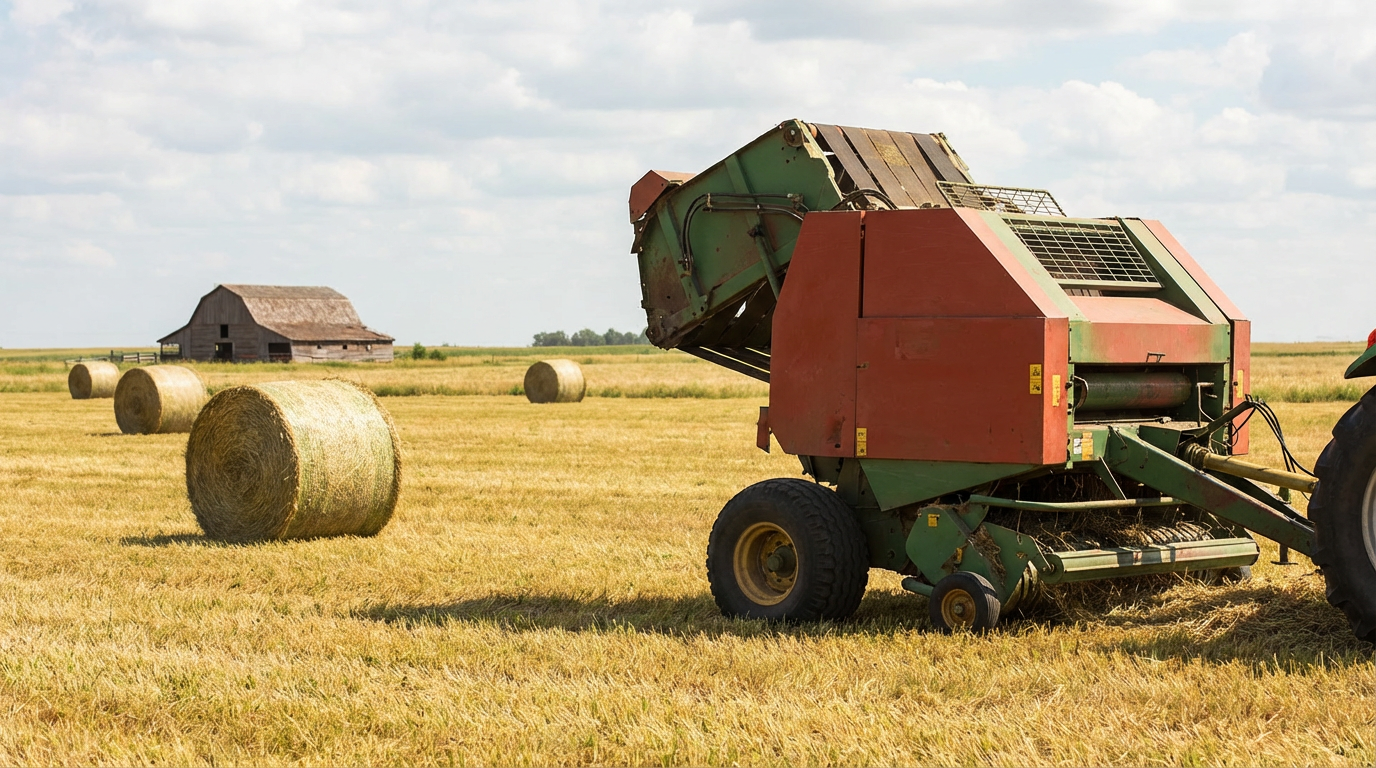 hay baler in farm field