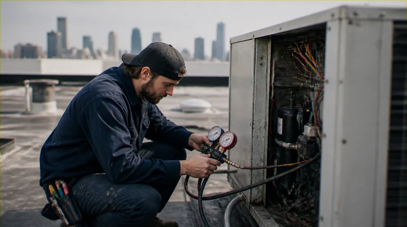 HVAC technician servicing a rooftop package unit