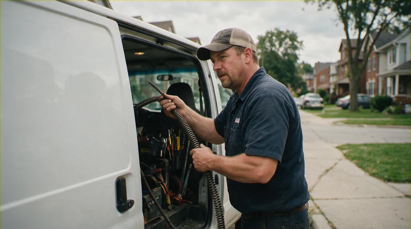 Plumber pulling a drain snake from a service van