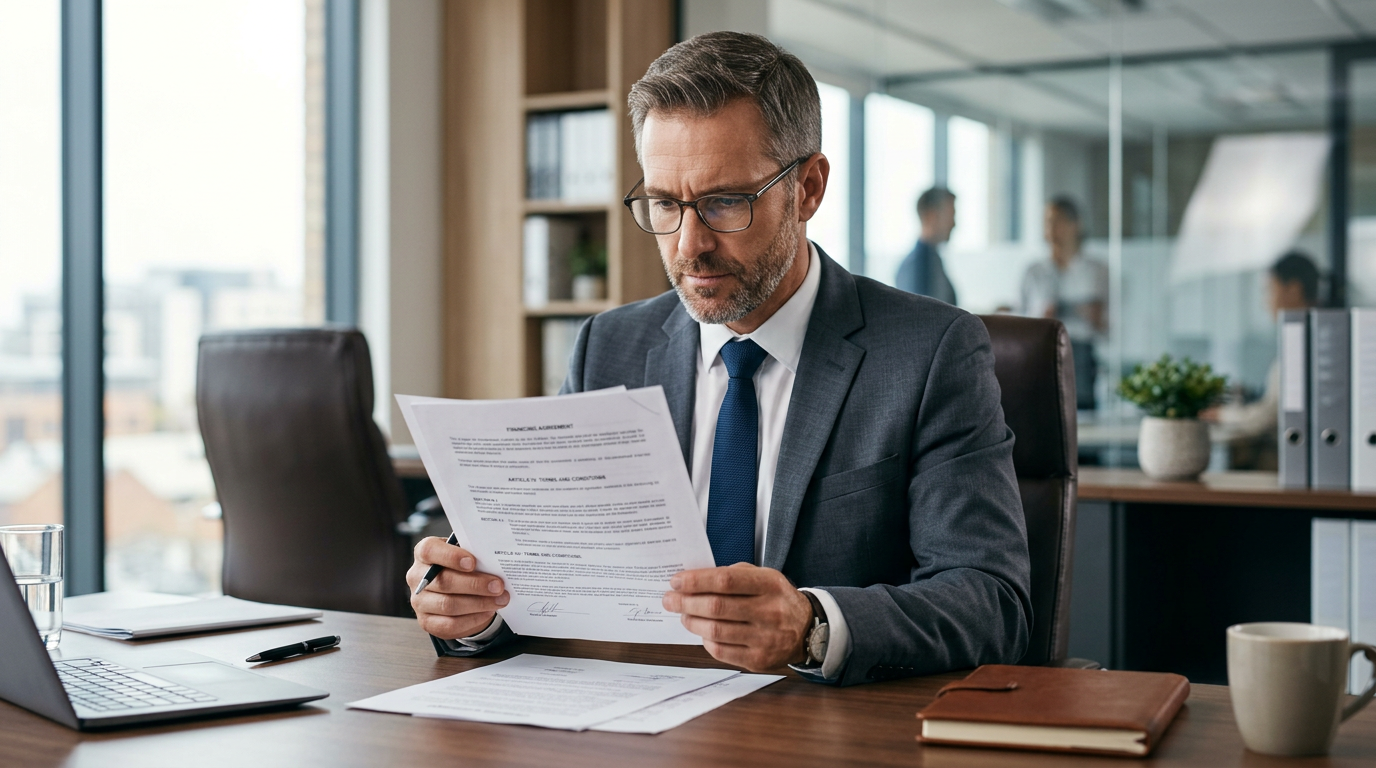 Business professional reviewing equipment finance agreement before signing