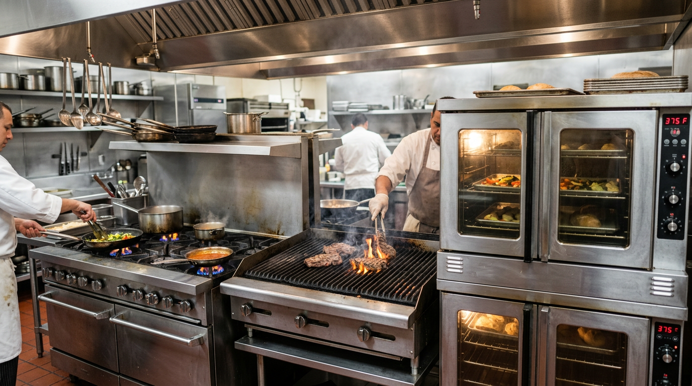 Commercial ranges and ovens in restaurant kitchen