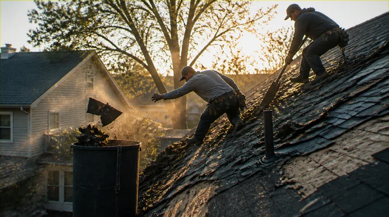 Roofing crew tearing off shingles on a residential roof