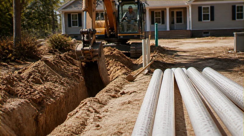 Excavator digging a drainfield trench