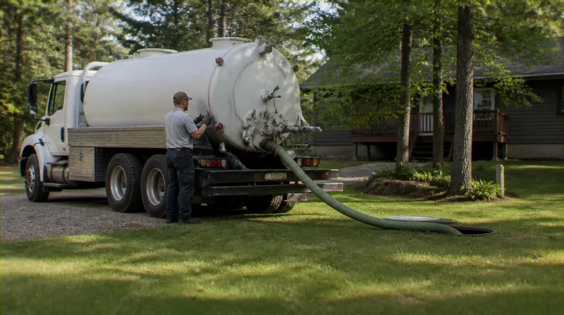Septic pumping truck working a rural driveway