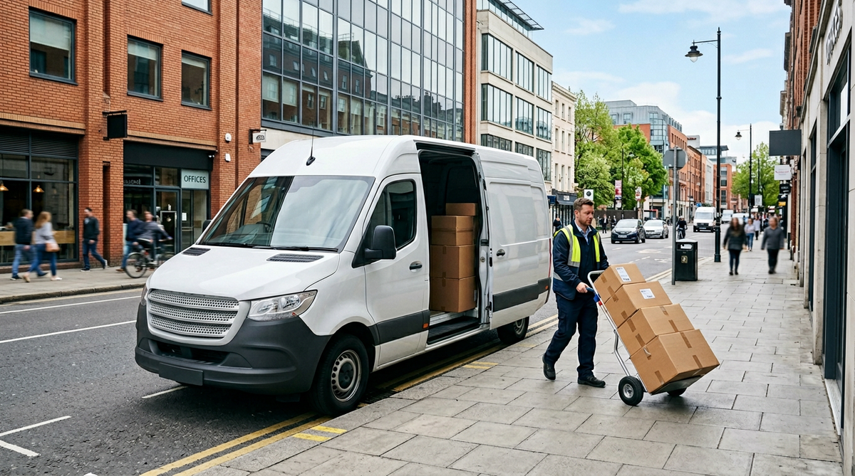 Sprinter style van on urban delivery route