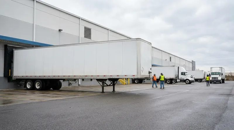 Portable restrooms and restroom trailers staged for delivery to a jobsite